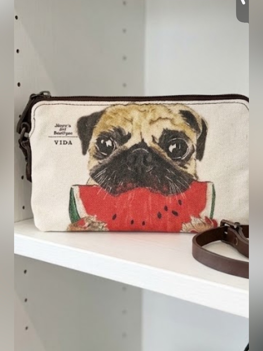 VIDA Pug with Watermelon Canvas & Leather Crossbody - Red, Brown, Cream NWOT